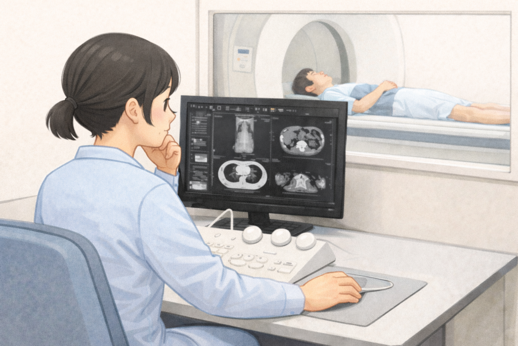 CT検査中の放射線技師のイラスト