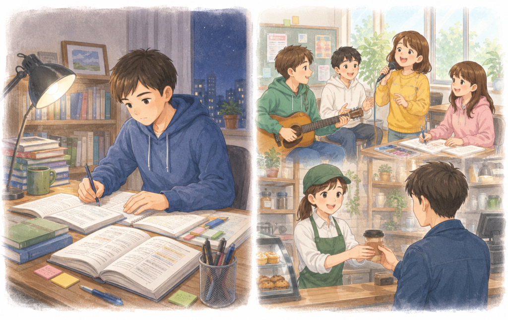 しっかり勉強する学生とサークル・アルバイトに励む学生。