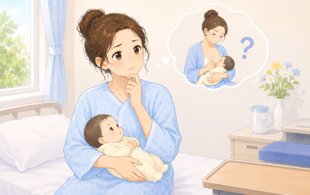 造影剤を使用した検査後に授乳していいか悩んでいる様子